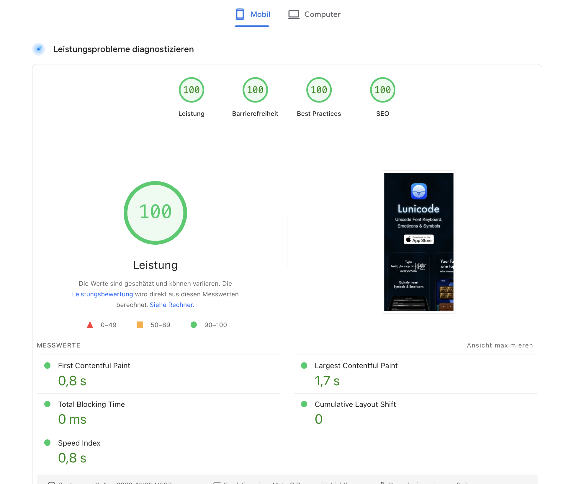 100/100 ×︎ 4 in Googles PageSpeed Insights für https://lunicode.app