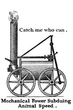 Drawing of the locomotive Catch Me Who Can, from a card or admission ticket to Richard Trevithick's "Steam Circus", summer 1808