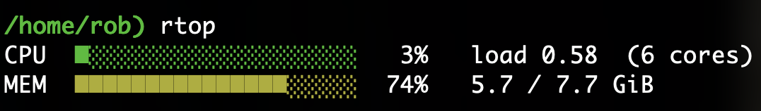 Screenshot von rtop mit zwei Graphen für CPU- und Speicherauslastung